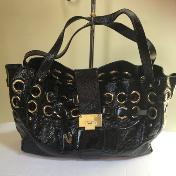 Jimmy Choo Ramona Leather Patent Shoulder Bag Tote Satchel Logo Pockets Black Lg - Picture 4 of 15